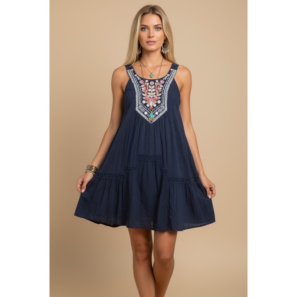 Maeve Anthropologie Navy Embroidered Boho Eyelet Shift Dress Size 2 Mini Blue